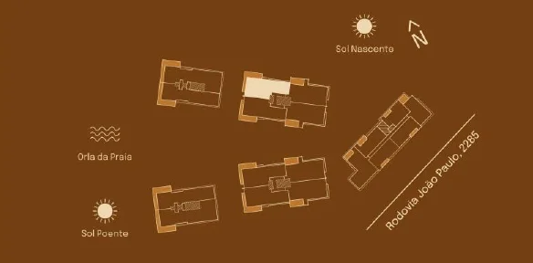 Implantação do Final 01 C: posição entre as torres, sol nascente e poente, orla da praia