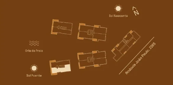 Implantação do Final 01 D: posição entre as torres, sol nascente e poente, orla da praia