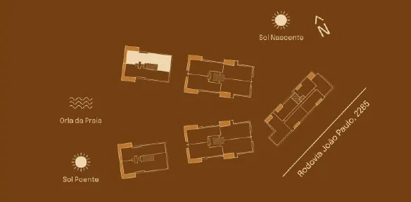 Implantação do Final 01 E: posição entre as torres, sol nascente e poente, orla da praia