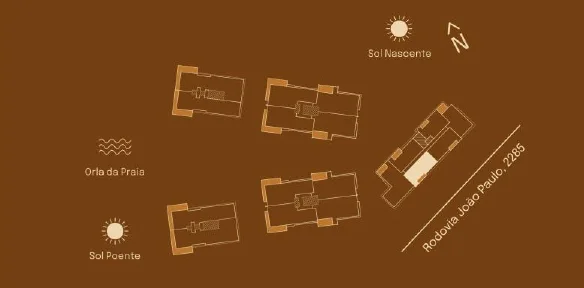 Implantação do Final 02 A: posição entre as torres, sol nascente e poente, orla da praia