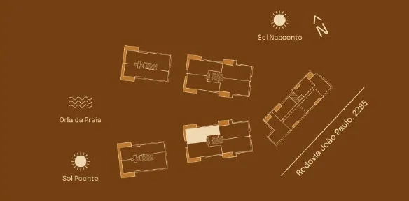 Implantação do Final 02 B: posição entre as torres, sol nascente e poente, orla da praia