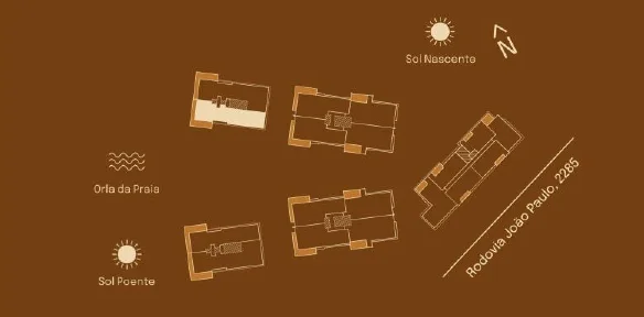Implantação do Final 02 E: posição entre as torres, sol nascente e poente, orla da praia