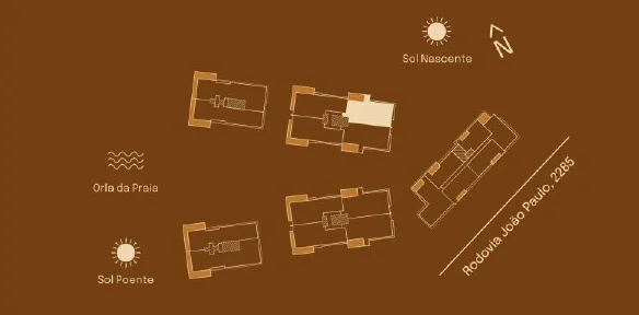 Implantação do Final 03 C: posição entre as torres, sol nascente e poente, orla da praia