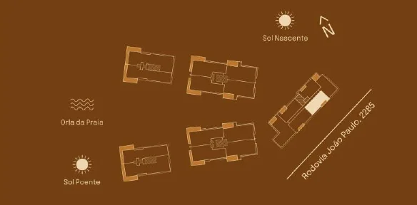 Implantação do Final 04 A: posição entre as torres, sol nascente e poente, orla da praia