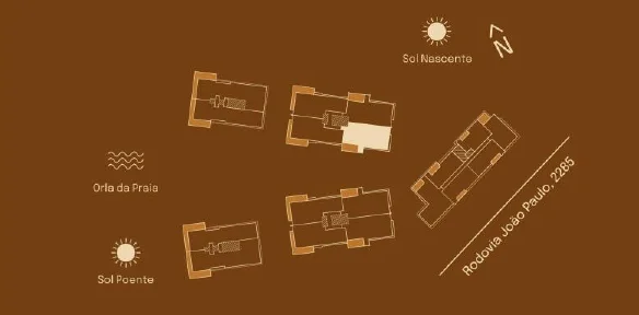 Implantação do Final 04 C: posição entre as torres, sol nascente e poente, orla da praia