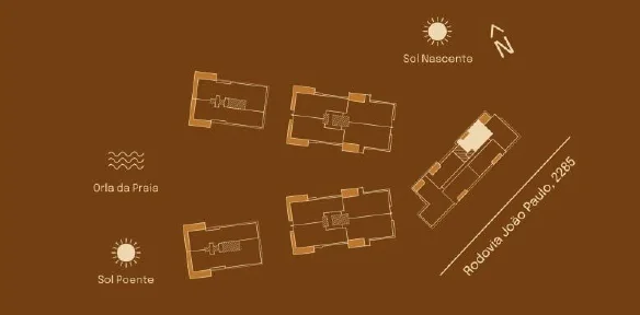 Implantação do Final 05 A: posição entre as torres, sol nascente e poente, orla da praia