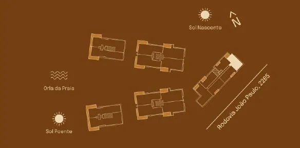 Implantação do Final 06 A: posição entre as torres, sol nascente e poente, orla da praia