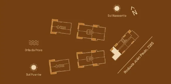 Implantação do Garden 01 A: posição entre as torres, sol nascente e poente, orla da praia