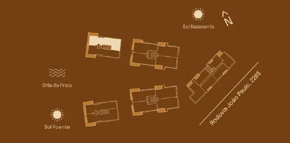 Implantação do Garden 01 E: posição entre as torres, sol nascente e poente, orla da praia