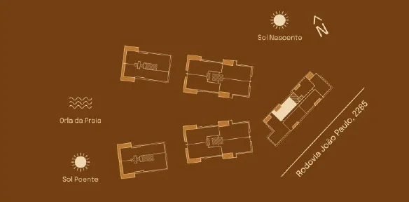 Implantação do Garden 03 A: posição entre as torres, sol nascente e poente, orla da praia