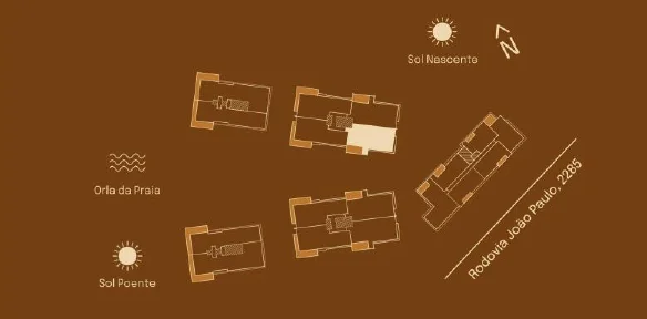 Implantação do Garden 04 C: posição entre as torres, sol nascente e poente, orla da praia