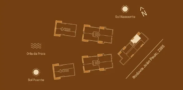 Implantação do Garden 05 A: posição entre as torres, sol nascente e poente, orla da praia