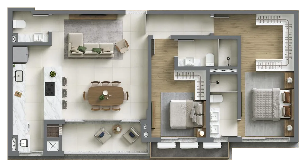 Planta baixa 2 Suítes do D/Season Residence Club em João Paulo, Florianópolis — 101 m² privativos, em lançamento na planta