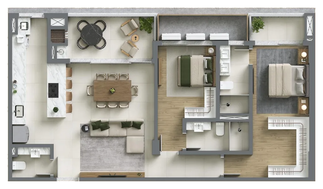 Planta baixa 2 Suítes do D/Season Residence Club em João Paulo, Florianópolis — 110 m² privativos, em lançamento na planta