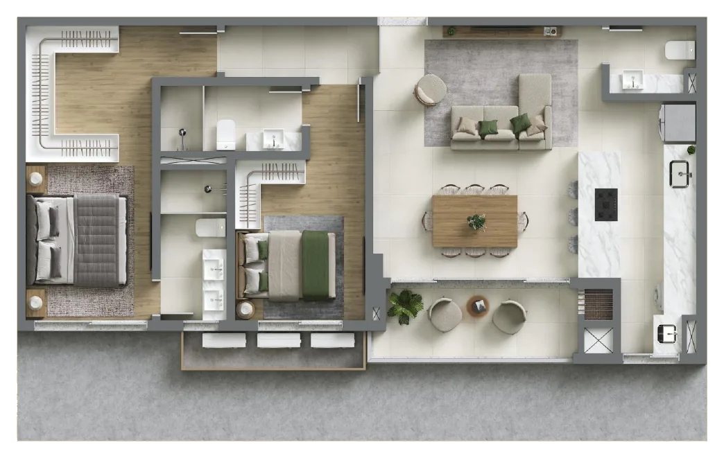 Planta baixa 2 Suítes do D/Season Residence Club em João Paulo, Florianópolis — 101 m² privativos, em lançamento na planta