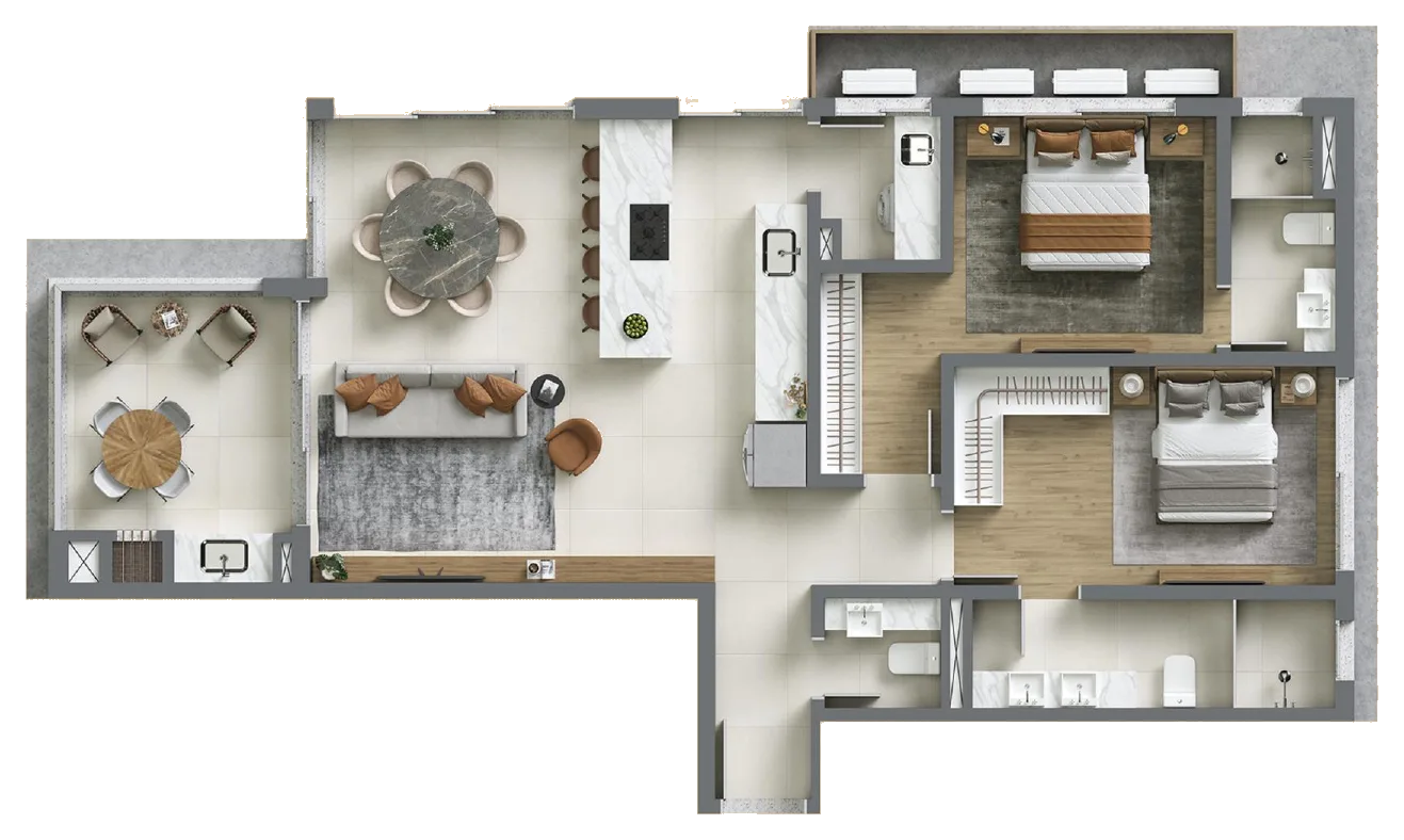 Planta baixa 2 Suítes do D/Season Residence Club em João Paulo, Florianópolis — 107 m² privativos, em lançamento na planta