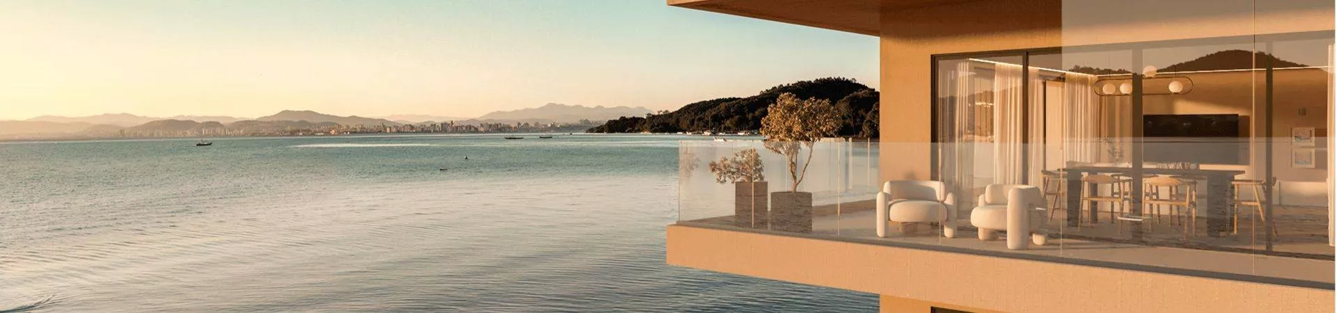 Perspectiva ilustrativa da varanda do D/Season com sofás brancos e mesa de jantar com vista panorâmica para a Baía Norte ao entardecer — D/Season Residence Club em João Paulo, Florianópolis