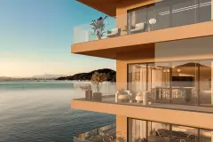 Perspectiva ilustrativa da fachada do D/Season com varandas de vidro sobrepostas e vista para a Baía Norte ao pôr do sol — D/Season Residence Club em João Paulo, Florianópolis