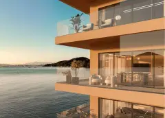 Perspectiva ilustrativa da fachada lateral do D/Season com múltiplas varandas de vidro e vista para a Baía Norte — D/Season Residence Club em João Paulo, Florianópolis