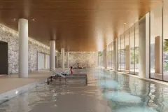 Perspectiva ilustrativa da piscina coberta e spa com espreguiçadeiras, colunas brancas, teto em madeira e parede em pedra — D/Season Residence Club em João Paulo, Florianópolis