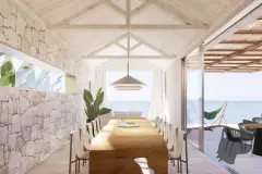 Perspectiva ilustrativa do salão gourmet com mesa longa em madeira para 12 lugares, teto branco em madeira, parede em pedra e vista para o mar — D/Season Residence Club em João Paulo, Florianópolis