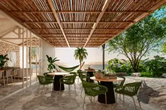 Perspectiva ilustrativa da área externa com pérgola em bambu, mesas redondas, cadeiras verdes, rede e vista para o lago ao entardecer — D/Season Residence Club em João Paulo, Florianópolis