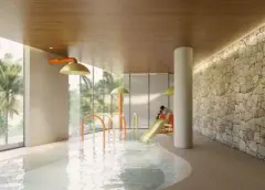 Perspectiva ilustrativa da piscina infantil coberta com escorregador verde, arcos laranja e amarelo e parede em pedra, teto em madeira — D/Season Residence Club em João Paulo, Florianópolis