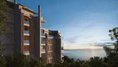 Perspectiva ilustrativa da fachada do D/Season ao entardecer com blocos de 10 andares, revestimento em madeira e vista para a Baía Norte — D/Season Residence Club em João Paulo, Florianópolis