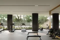 Perspectiva ilustrativa da academia com esteiras, bicicleta ergométrica, rack de halteres, colunas escuras e janelões com vista para palmeiras — D/Season Residence Club em João Paulo, Florianópolis
