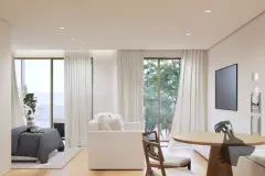 Perspectiva ilustrativa da sala de estar do apartamento com sofá branco, mesa de jantar redonda, TV na parede e porta de correr para sacada — D/Season Residence Club em João Paulo, Florianópolis