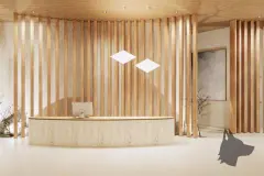 Perspectiva ilustrativa da recepção com balcão oval em mármore, divisórias em ripas de madeira e luminárias losango suspensas — D/Season Residence Club em João Paulo, Florianópolis