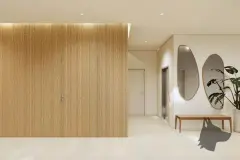 Perspectiva ilustrativa do hall do apartamento com parede em ripas de madeira, banco, espelhos orgânicos e planta monstera — D/Season Residence Club em João Paulo, Florianópolis