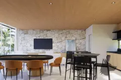 Perspectiva ilustrativa da sala de jogos com mesa de pôquer, cadeiras caramelo, mesa de jantar preta, TV e parede em pedra — D/Season Residence Club em João Paulo, Florianópolis