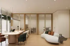 Perspectiva ilustrativa do espaço coworking com mesa longa em madeira, cadeiras escuras, sofá orgânico branco e divisória de vidro — D/Season Residence Club em João Paulo, Florianópolis