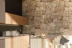 Perspectiva ilustrativa da cozinha gourmet com armários em ripas de madeira, bancada escura e parede em pedra rústica — D/Season Residence Club em João Paulo, Florianópolis