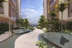 Perspectiva ilustrativa do corredor entre os dois blocos com espelhos d'água, palmeiras e espreguiçadeiras ao fundo — D/Season Residence Club em João Paulo, Florianópolis