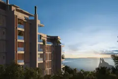 Perspectiva ilustrativa da fachada do D/Season ao entardecer com blocos em madeira e vista para a Baía Norte e Morro do Lampião — D/Season Residence Club em João Paulo, Florianópolis