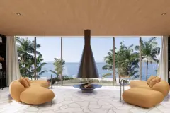 Perspectiva ilustrativa da sala de lareira com lareira suspensa em cone, sofás caramelo arredondados, piso em mármore e vista para palmeiras e mar — D/Season Residence Club em João Paulo, Florianópolis