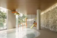 Perspectiva ilustrativa da piscina infantil coberta com cogumelos aspersores laranja, escorregador e parede em pedra — D/Season Residence Club em João Paulo, Florianópolis