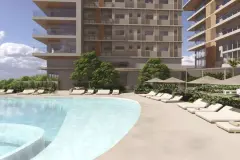 Perspectiva ilustrativa da piscina infinity com espreguiçadeiras e edifícios de 10 andares com revestimento em madeira ao fundo — D/Season Residence Club em João Paulo, Florianópolis