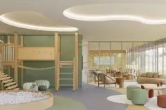 Perspectiva ilustrativa da brinquedoteca com piscina de bolinhas brancas, módulo de escalada verde, escorregador e sala de atividades ao fundo — D/Season Residence Club em João Paulo, Florianópolis