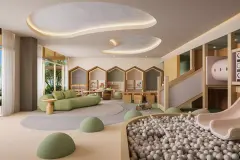 Perspectiva ilustrativa da brinquedoteca com piscina de bolinhas brancas, casinha em madeira, escorregador e sofá verde no mezanino — D/Season Residence Club em João Paulo, Florianópolis