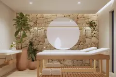 Perspectiva ilustrativa da sala de massagem com maca em madeira, parede em pedra rústica, nicho circular iluminado e plantas — D/Season Residence Club em João Paulo, Florianópolis