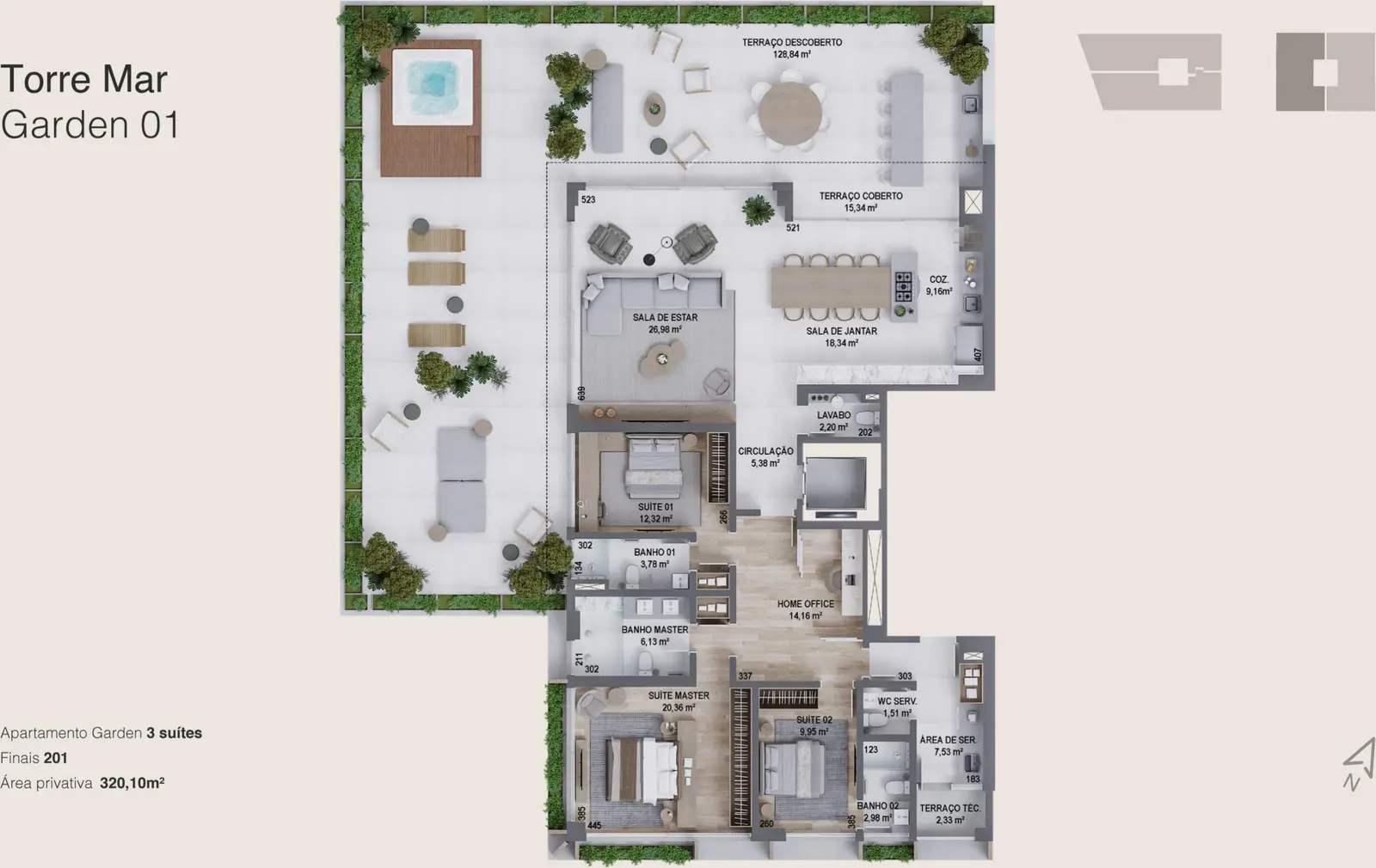 Planta baixa 3 Suítes do D/Sense em Centro, Florianópolis — 320 m² privativos, em lançamento na planta