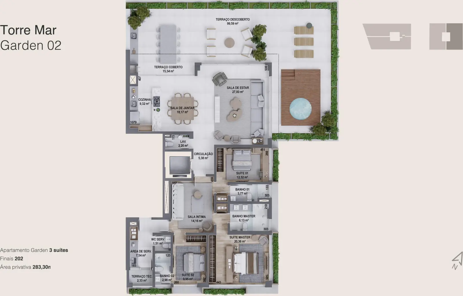 Planta baixa 3 Suítes do D/Sense em Centro, Florianópolis — 283 m² privativos, em lançamento na planta