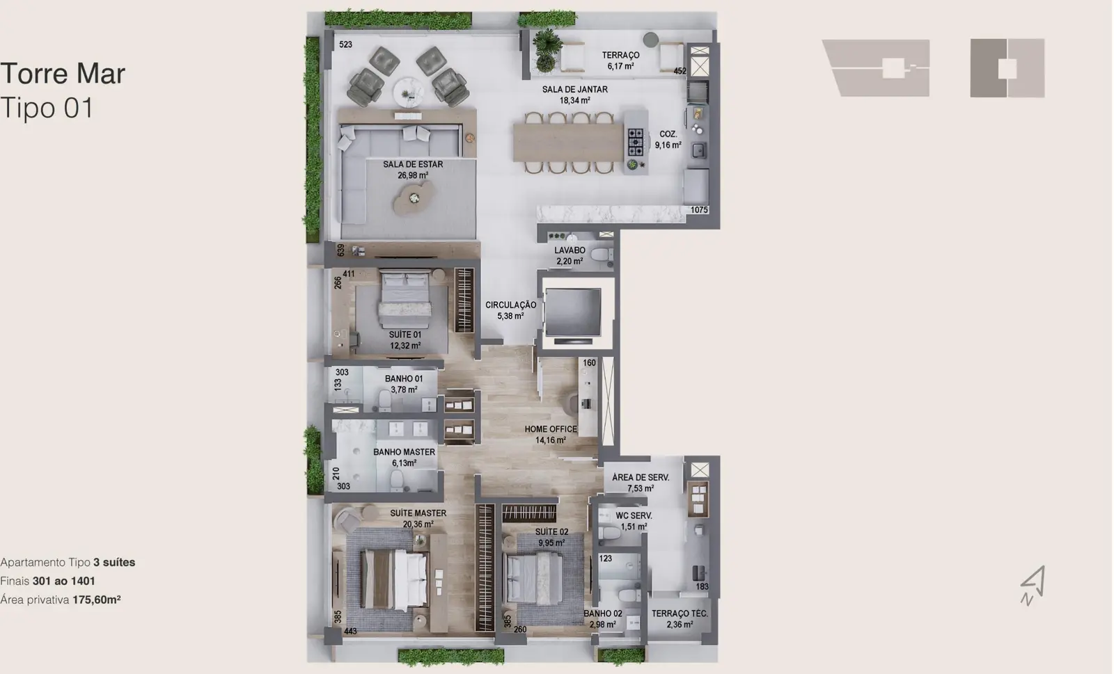 Planta baixa 3 Suítes do D/Sense em Centro, Florianópolis — 176 m² privativos, em lançamento na planta