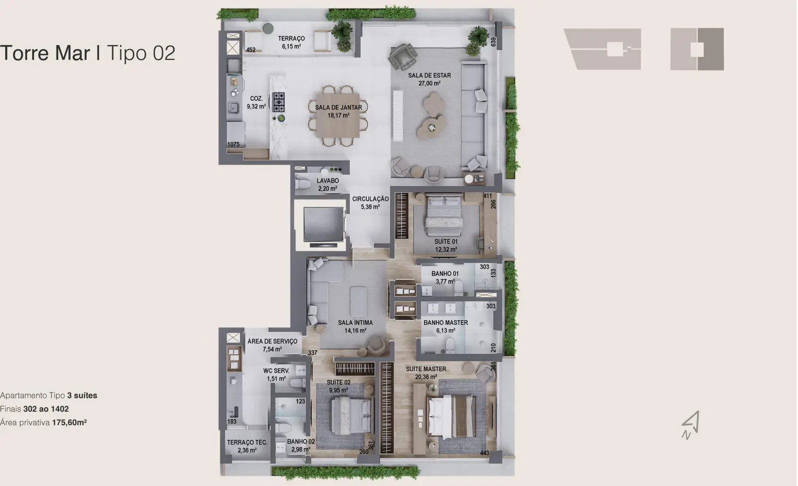 Planta baixa 3 Suítes do D/Sense em Centro, Florianópolis — 176 m² privativos, em lançamento na planta