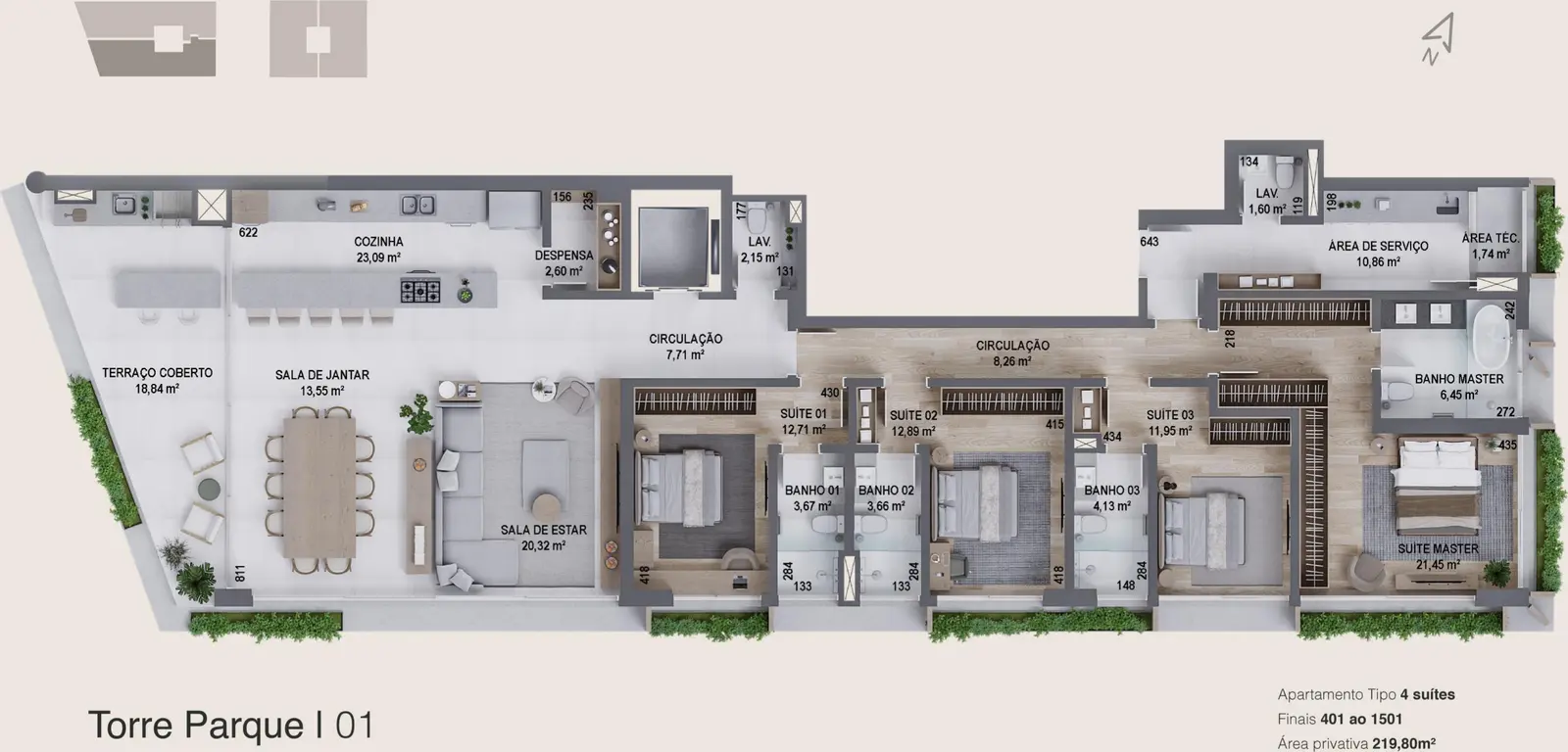 Planta baixa 4 Suítes do D/Sense em Centro, Florianópolis — 220 m² privativos, em lançamento na planta