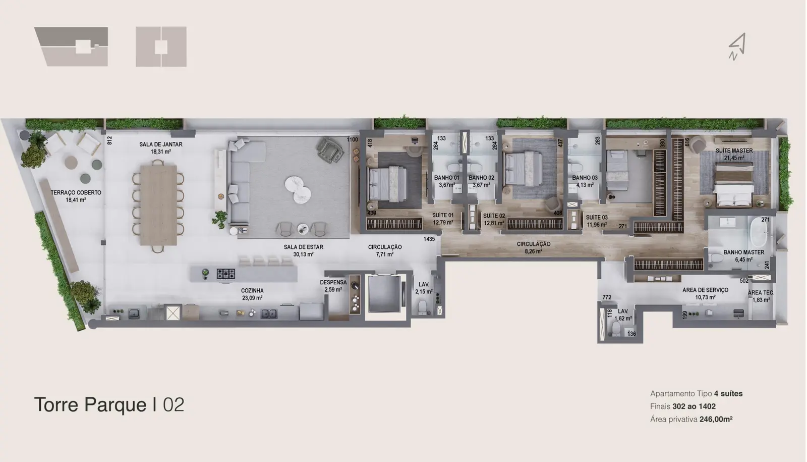 Planta baixa 4 Suítes do D/Sense em Centro, Florianópolis — 246 m² privativos, em lançamento na planta