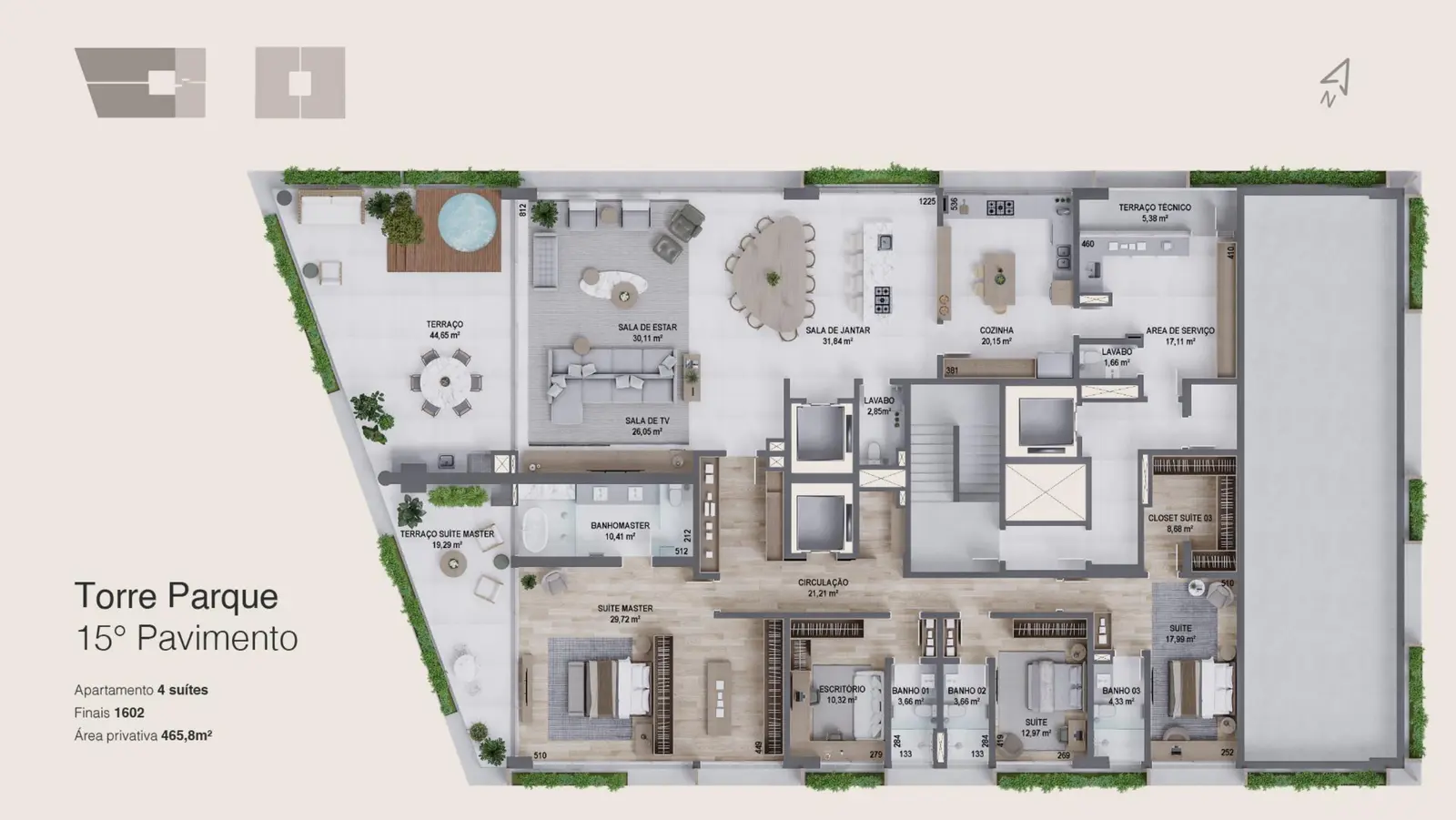 Planta baixa 4 Suítes do D/Sense em Centro, Florianópolis — 466 m² privativos, em lançamento na planta